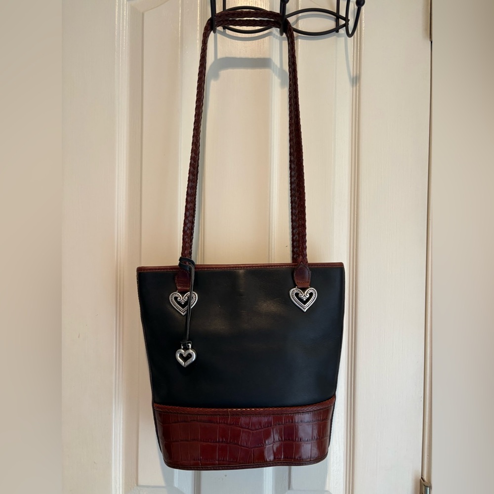 Vintage Brighton Black and Brown Two-Tone Heart Charm Shoulder Bag